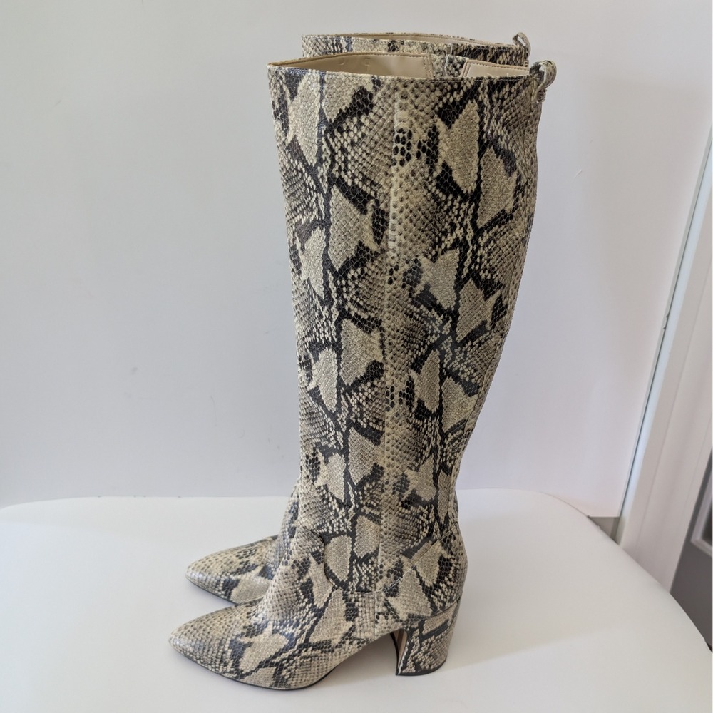 Sam Edelman Hiltin Snakeskin Print Knee High Block Heel Boots Grey Black 7.5